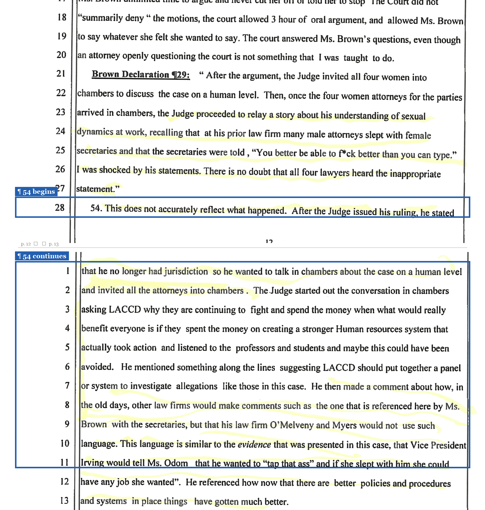 Excerpt from the Gallagher Declaration: Brown's allegation in paragraph 29 (top, unmarked) and Gallagher's contextual response in paragraph 54 (outlined in blue, below).